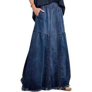 Women Dark Blue Retro Elastic High Waist Frayed A-Line Maxi Denim Skirt&Pockets